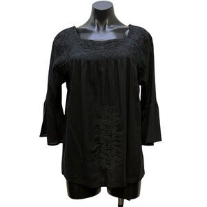 J. Marie Black Embroidered Blouse With Bell Sleeves M
